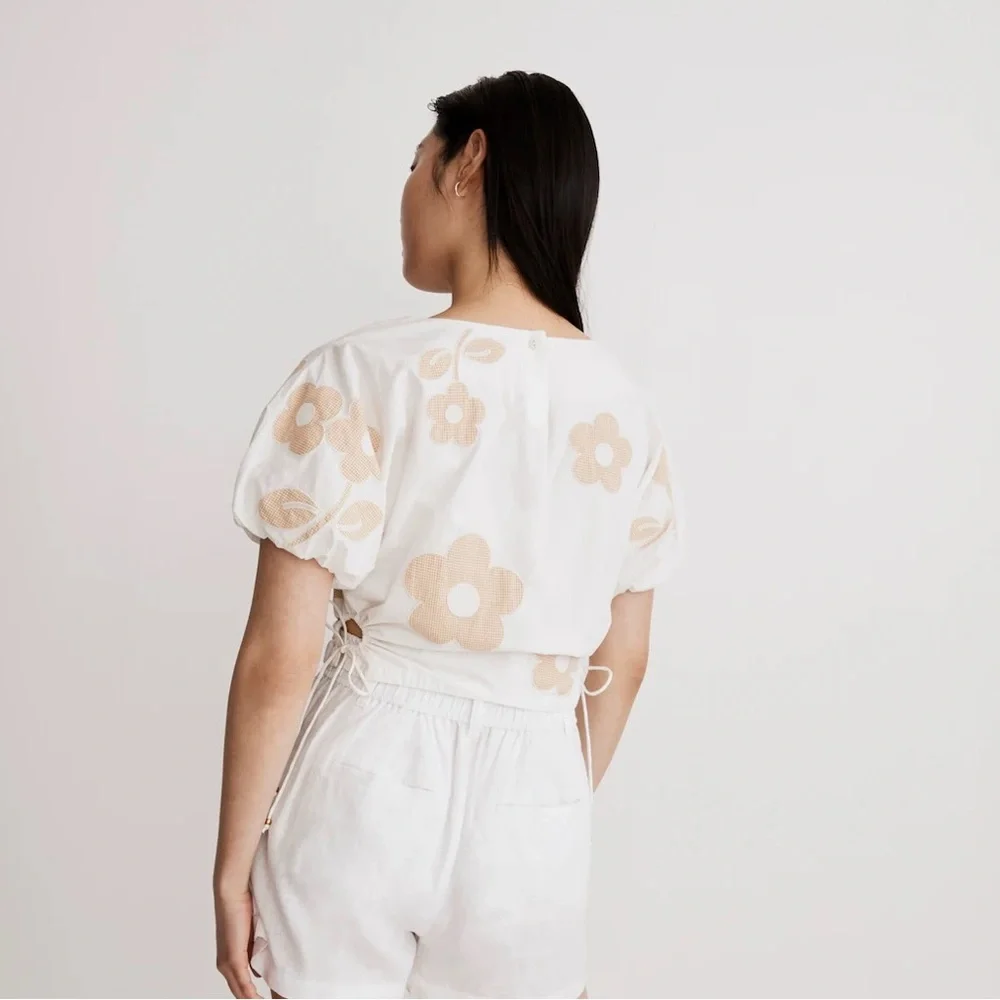 Madewell White and Yellow Crop Blouse with Puff Sleeves and Tie Front
